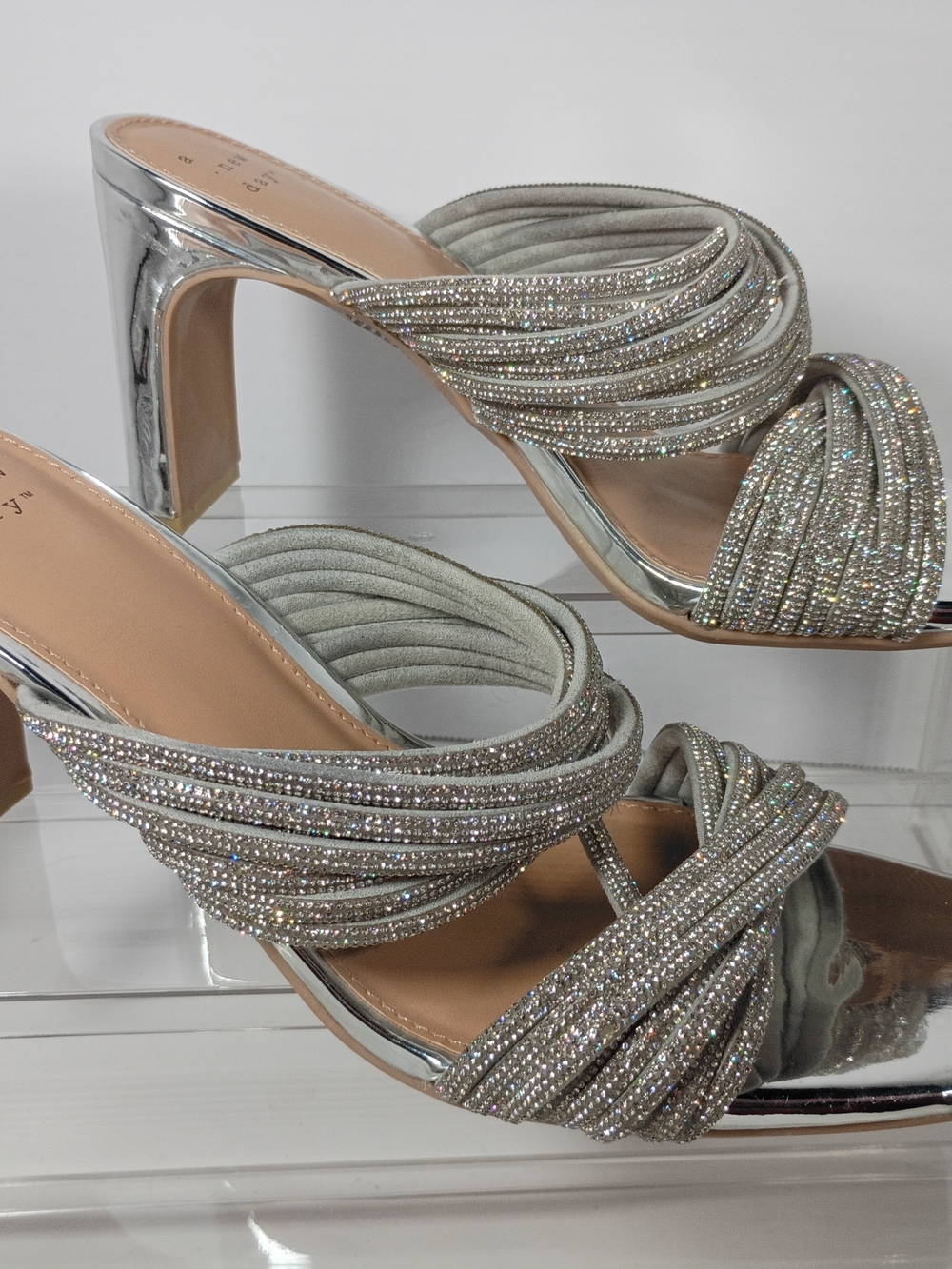 A New Day Silver Rhinestone Strappy Block Heels Square Toe Textile Size 7